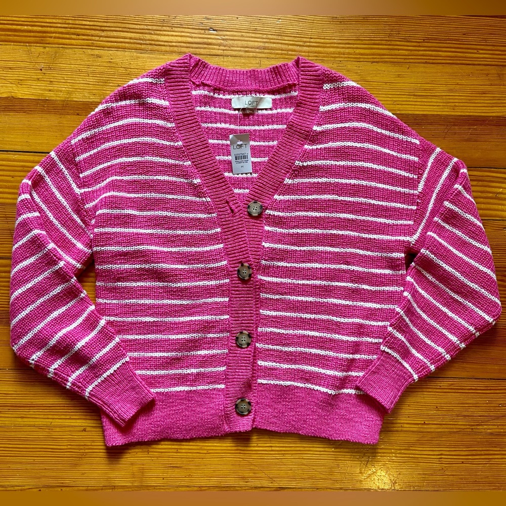 Loft Pink Relaxed Striped V-Neck Cardigan - Size Medium - New